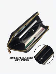 Men Long Zipper Wallet Black Pebble Grain Leather - Gold Zipper Wrist Strap HOVI'S Multi-Layer Layout Large Capacity Phone Holder New Year Gift Valentine's Day Gift