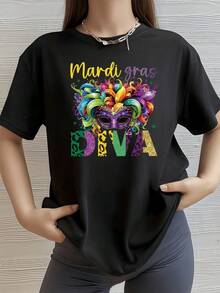 Máscara colorida de carnaval con plumas y detalles festivos que transmiten alegría y celebración camiseta de mujer 100% algodón 220g - Negro - Ver 8