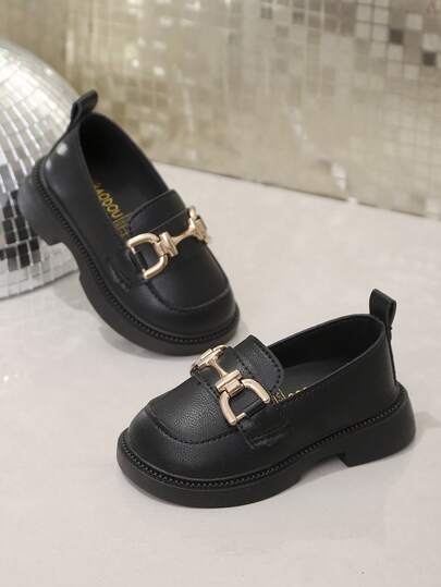 1 Pair Kids Metal Buckle Decor PU Comfortable Lightweight Round Toe Slip-On Flat Loafers, Suitable For Daily Wear And Outdoor, All Seasons