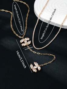 两件套优雅水晶装饰Y形链项链套装，女士款，镶嵌立方氧化锆CC标志吊坠项链，时尚首饰套装，适合日常佩戴和派对场合 - 雙c吊墜項鍊套裝 - 查看 4