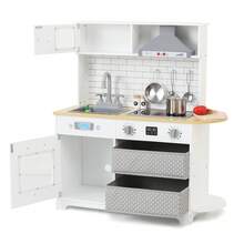 Juego de cocina para niños, juego de juguete de cocina de madera con estufa, horno, fregadero y 17 piezas de juguete para alimentos y utensilios de cocina, cocina de juego de simulación con 2 cajones - Blanco - Ver 1