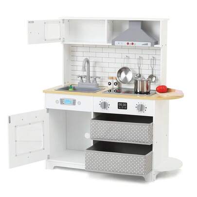 Juego de cocina para niños, juego de juguete de cocina de madera con estufa, horno, fregadero y 17 piezas de juguete para alimentos y utensilios de cocina, cocina de juego de simulación con 2 cajones