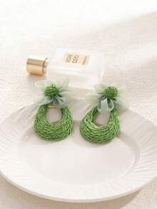 1 Pair Bohemian Vacation Style Earrings With Simple And Personalized Five-Leaf Flower+Circular Earrings, Handmade And Woven Grass Suitable For Women's Daily Wear - Multicolor - View 9