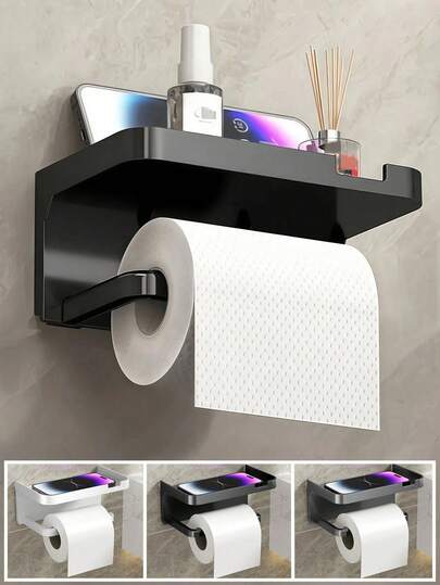 حامل ورق التواليت قطعة واحدة، صندوق المناديل، حامل ورق التواليت المثبت على الحائط مع رف تخزين، بدون حاجة إلى ثقب، لون أسود مطفي، مع صندوق المناديل وحامل الهاتف، منظم تخزين حمام ذو طبقتين، تركيب بدون ثقب | حمام عصري
