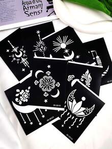 Juego de 8 plantillas de tatuajes temporales con patrones de estrellas, lunas y flores - Textura hueca delicada, reutilizables, aptos para tatuajes personalizados DIY, fiestas y decoración corporal diaria, fáciles de crear efectos de tatuaje únicos y exquisitos - Negro - Ver 8