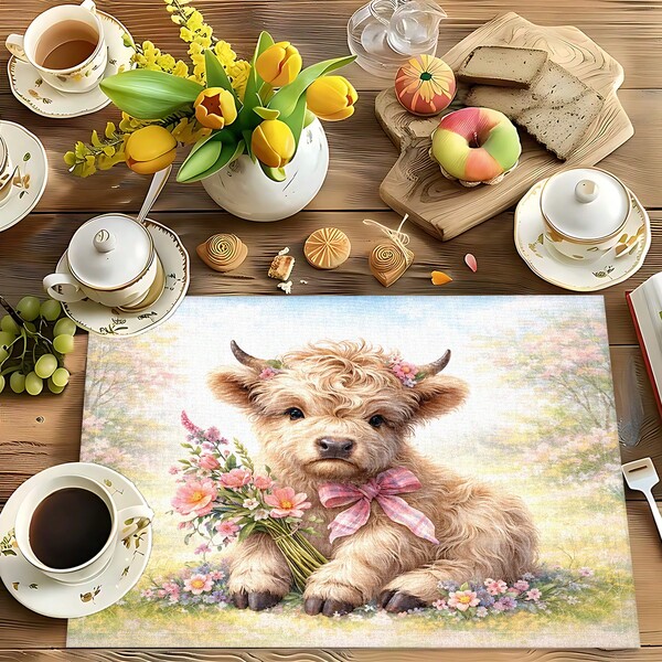 1pc/4pcs/6pcs Linen Placemat With Highland Cow Print Pattern, Suitable For Dining Table, All Season Decor, Modern Washable Table Mat, Room Decor, Coaster, Kitchen Dining, Indoor Outdoor Party, Home Decor, Ideal Gift