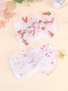 2个复活节纯色蝴蝶结发圈，兔子和胡萝卜装饰发带，蝴蝶结尼龙材质，透气舒适，可爱复活节宝宝和幼儿日常发饰 - 白色 - 查看 3