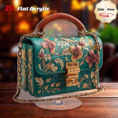 2D Flat, 1pc Elegant Blue-Green Floral Design Handbag - 2D Flat Rotating Acrylic Desktop Decor, No Electricity Needed, Indoor/Outdoor Use, Suitable For Home, Office Or Gifts, Party Decoration, Holiday Ornament