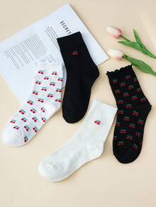 1/4 双装樱桃图案翻边中筒袜，女士可爱简约甜美风格薄袜，透气吸湿，时尚日常通勤休闲运动袜 - 彩色 - 查看 13