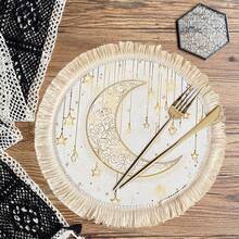 1/4/6pcs Middle East Festival Series Golden Crescent Moon With Vine Patterns & Hanging Golden Stars, Paired With Golden & Yellow Spots Linen Printed Tassel Placemats/Coasters, Elegant Ramadan Moonlight Round Placemats/Coasters, Polyester With Floral Border, Hand Washable - Ideal For Dining Tables - Multicolor - View 1