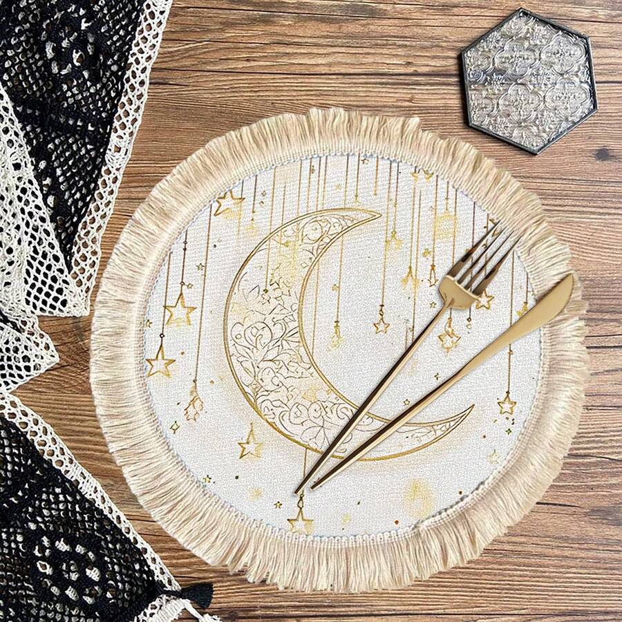 1/4/6pcs Middle East Festival Series Golden Crescent Moon With Vine Patterns & Hanging Golden Stars, Paired With Golden & Yellow Spots Linen Printed Tassel Placemats/Coasters, Elegant Ramadan Moonlight Round Placemats/Coasters, Polyester With Floral Border, Hand Washable - Ideal For Dining Tables - Multicolor - View 1