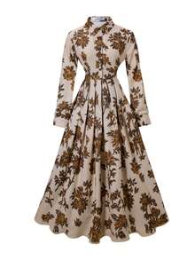 Vuslat 女士春季优雅复古印花系带长连衣裙 - 米色金色花朵七分袖褶皱连衣裙，带口袋，适合花园、通勤、拍照、下午茶、情人节、度假、下午茶等场合。 - 彩色 - 查看 6