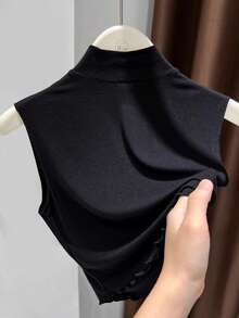 Áo vest không tay cổ đứng mới cho nữ mùa xuân sớm 2026, áo lót hai dây màu đen ôm dáng có viền bèo nhún, kiểu dáng thường ngày. - màu đen - Xem 2