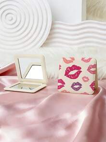 1pc Y2K Aesthetic Vanity Mirror, Foldable Lightweight Compact Handheld Mirror, PU Leather, Bowknot, Cherry Blossom, Lip Print, Heart, Letter Design, 180° Flip Cover, Multi-Functional - Multicolor - View 8