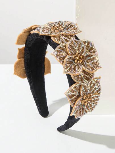 1pc Solid Color Printed Fabric Wide-Brimmed European & American Fashion Baroque Style Women Headband, Vintage Luxurious Embellished Rhinestone Flower Decor, Suitable For Balls, Galas, Elegant Lady Hair Accessory ,Hair Band ,Diadema ,Hair Hoop