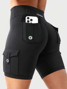 YEOREO CoreFlex Women Workout Biker Shorts With Cargo Pockets Hidden Scrunch High Waisted 8" Inseam Gym Shorts Summer Shorts For Women Black Shorts - 黑色 - 查看 9