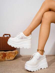 女士系带厚底方头坡跟休闲网面运动鞋 - 白色 - 查看 1