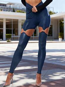 Quần legging bó sát, bóng bẩy, co giãn, cạp chun khoét rỗng thời trang, quần thể thao lửng mùa xuân - Màu xanh bụi bặm - Xem 3
