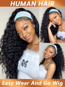 Headband Wig Human Hair Full Machine Made Curly Headband Wig Wet And Wavy Human Hair Wigs With Non Lace Front Wigs No Glue No Sew In Beginner Friendly 180% Density - Natural Black - View 4
