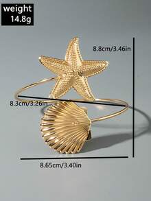 1pc Fashionable Creative Beach Vacation Metal Leaf Arm Cuff, Adjustable Geometric Spiral Starfish Seashell Bracelet, Jewelry Gift Suitable For Middle East Saudi Arabia Party - Gold - View 4