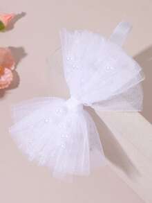 1pc White Mesh Bow Headband Pearl And Bead String Bow Hair Hoop Fairy Style Bow Hair Band For Daily& Party Teens Hair Accessories - White - View 4