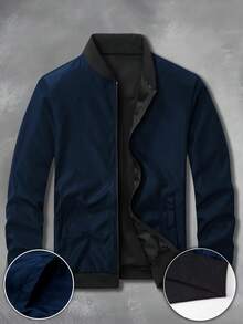 Chaqueta de béisbol casual para deportes al aire libre con cuello alto, unicolor y cremallera - azul real - Ver 3