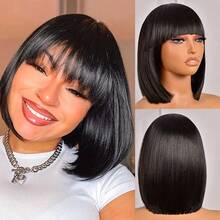 Peluca corta y recta con flequillo, de diseño elegante, de material de fibra resistente a altas temperaturas, en color negro y marrón mezclados, para mujeres - Multicolor - Ver 12