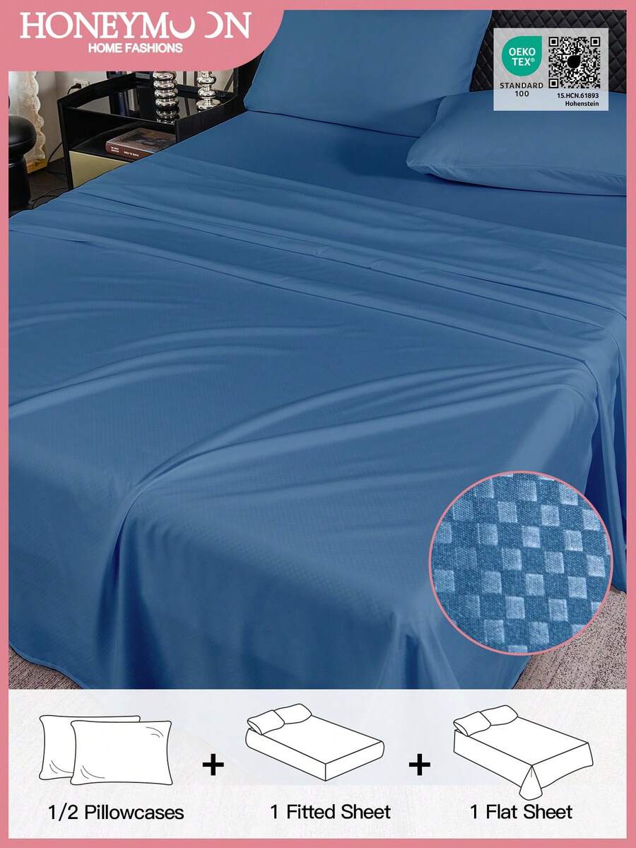 3/4pcs Microfiber Bed Sheet Set (1pc Flat Sheet + 1pc Fitted Sheet + 1/2pcs Pillowcase) Without Pillow Insert, Super Soft & Breathable Hotel Luxury Bedding, Fits 9-12 Inch Mattress, Machine Washable, Oeko-Tex Certified - Blue - View 1