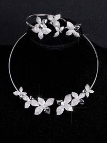 LIGHTSOME Set de 4 piezas: Collar de flor de circonita completa de lujo con pulsera, anillo abierto, aretes. Conjunto de joyas de charm choker de cobre con circonita para mujer, regalo para el Día de San Valentín - Conjunto de joyas - Ver 5