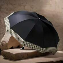 1把10骨黑色雨伞，两用折叠伞，格子饰边，促销印花雨伞