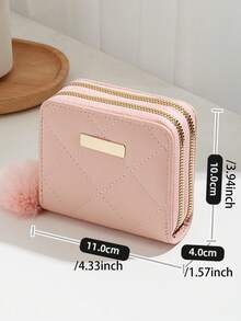1pc Diamond Quilted Embroidered Coin Purse With Sequin Decor & Fluffy Pom Pom Charm, Cute & Sweet Handbag Suitable For Daily Use And Gift - Multicolor - View 12