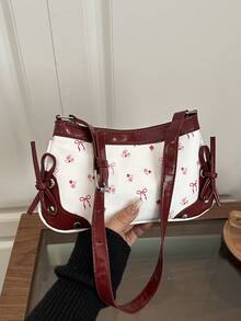 这款全新女士手提包采用复古方形单肩包设计，饰有蝴蝶结印花和拉链封口。这款小巧轻便的腋下包非常适合通勤女性、学生和上班族日常使用，也可作为休闲场合的时尚配饰。 - 酒紅色 - 查看 8