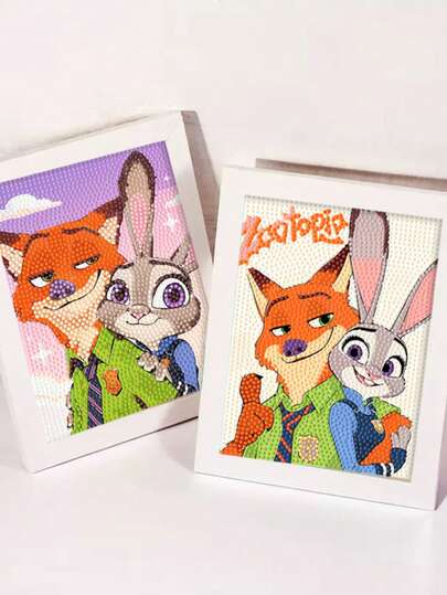 迪士尼动物城刺绣钻石画套装，含工具，手工DIY放松艺术装饰礼品，适合情人节、感恩节礼物（图片展示的是成品，购买后需要您自行制作完成）（套装包含画布、钻石、工具套装和白色塑料相框）