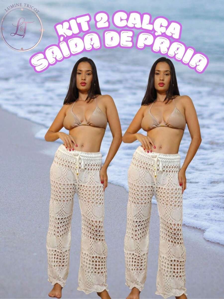 Kit 2 Calças Saída de Praia Tricot Crochê Pantalona Teladas Estilosa Moda Verão Confortavél