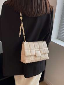 Fashionable Rhombus Pattern Shoulder Bag, Chain Strap Crossbody Square Bag For Women - Beige - View 4