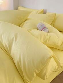Bộ 3 món ga trải giường bằng cotton mềm mại, phối màu xanh dương và trắng. - Màu vàng - Xem 2