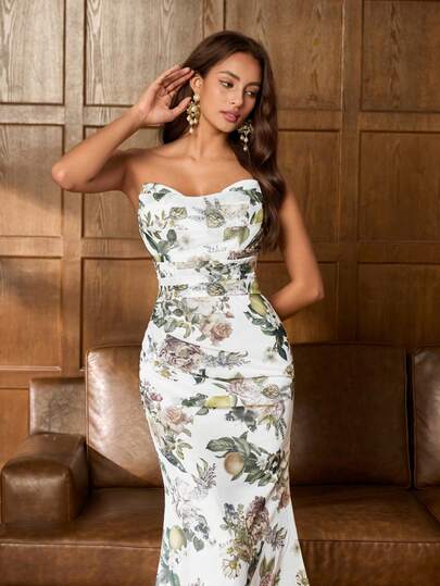 Faeriesty Elegant Strapless Mermaid Dress For Women: High-End Romantic Floral Print Dress, Featuring All-Over Botanical Patterns, Fitted Bodice, Long Train, Open Back Design - Perfect For Garden Weddings, Bridal Photoshoots, Formal Galas, Anniversary Celebrations, Romantic Getaways