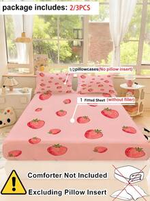 2/3 pezzi Lenzuola aderenti con stampa fragola rosa pastello, morbide e traspiranti per una camera da letto accogliente, protettore antiscivolo per materasso (Singolo/Matrimoniale/Queen/King) - Multicolore - Visualizzare 3