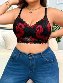 Plus Size Sexy Lingerie Set With Black Patchwork, Red Shell Lace Trim, Wireless Bra, Comfortable & Skin-Friendly Fabric - Black - View 4
