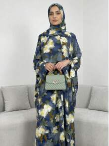 两件套，含头巾，优雅法式碎花开衫长袍，休闲百搭，适合聚会、派对、春季度假等场合。 - 藍色 - 查看 5