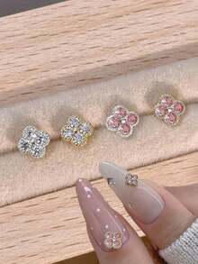 10 chiếc trang sức móng tay vuông sang trọng, thanh lịch, phụ kiện móng tay tối giản phong cách Y2K cho ngày Valentine, đá pha lê trắng và hồng lấp lánh, phù hợp cho nhiều mục đích trang trí móng tay DIY, móng ngắn, dụng cụ làm móng kiểu Pháp. - Nhiều màu - Xem 1