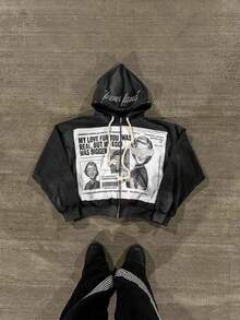 Men's Y2K Letter Print Zip Hoodie / Cargo Pants Streetwear Oversized Pullover And Joggers - 黑色上衣 - 查看 8