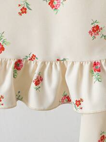 2件套女童夏季无袖V领荷叶边上衣和碎花裤休闲套装 - 杏色 - 查看 5