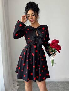 JTI Women's Sweet Bowknot Decor Round Neck Long Sleeve Heart Print A-Line Waist Tie Hem Short Dress, Black Cute Girly Style, Suitable For Valentine's Day Date - Black - View 7