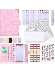 Pink Marble Design (Outer Shell) + 8 Zipper Pouches + A6 Cash Budget Cards (12pcs) + 2pcs English Stickers + Snap Button Label Sticker, A6 Loose-Leaf PU Leather Notebook - Multicolor - View 1