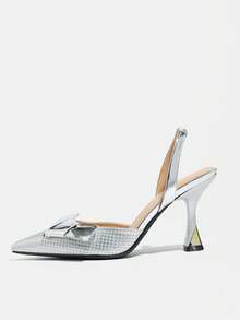Sapatos de Salto Alto Bico Fino Femininos com Decoração de Laço, Design Sem Parte Traseira de Cor Sólida, Elegante e Confortável para Festa, Banquete, Noite, Baile, Vestido, Casual, Encontro, Presente de Aniversário, Adequado para Primavera, Verão, Outono, Inverno, Salto Alto Prateado - Prata - Visão 6