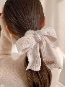1pc Autumn/Winter Knitted Bow Scrunchie, Cute Fluffy Hair Tie Hair Accessory ,Ponytail Holders ,Hair Elastics ,Hair Rubber Bands ,Hair Rope , - Multicolor - View 2