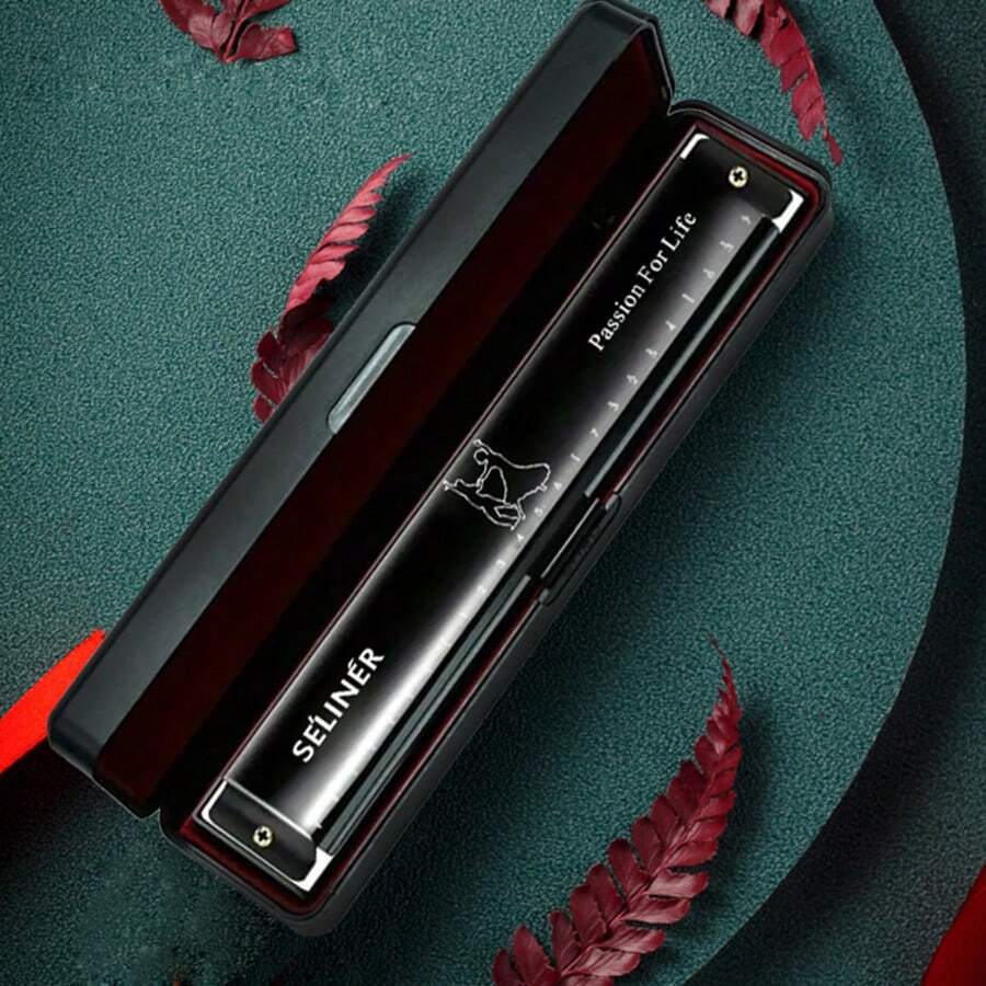 SELINER-24 Hole Tremolo Harmonica, Waltz Model Metal Body, Black Storage Box, Perfect Gift For Beginner Musicians And Music Lovers, C Key Harmonica - Black - View 1