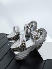 1 Pair Boys' Summer Slide Sandals, Convenient Hook And Loop Design, Non-Slip Breathable Comfortable Children Sandals - Silver - View 4