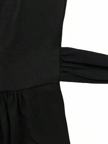 Women's Elegant Fashion Pleated Shoulder Patchwork Fabric Tie-Waist A-Line Midi Dress With Hooded Sleeves, Spring/Summer Black - Black - View 6